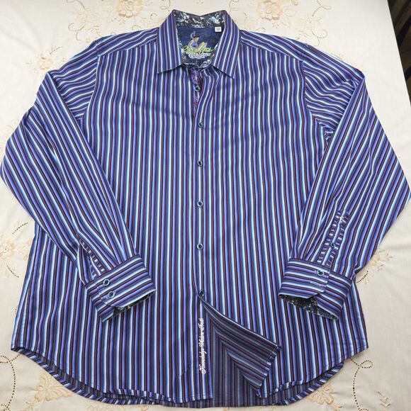 Men's Robert Graham 2XL Striped Purple/Black‎ Front Long Sleeve Flip Cuff $188 - Picture 6 of 13